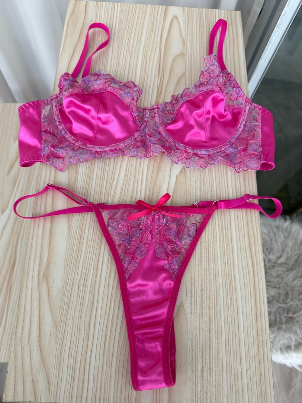 Hot Pink Satin Floral Embroidered Lingerie Set 💕